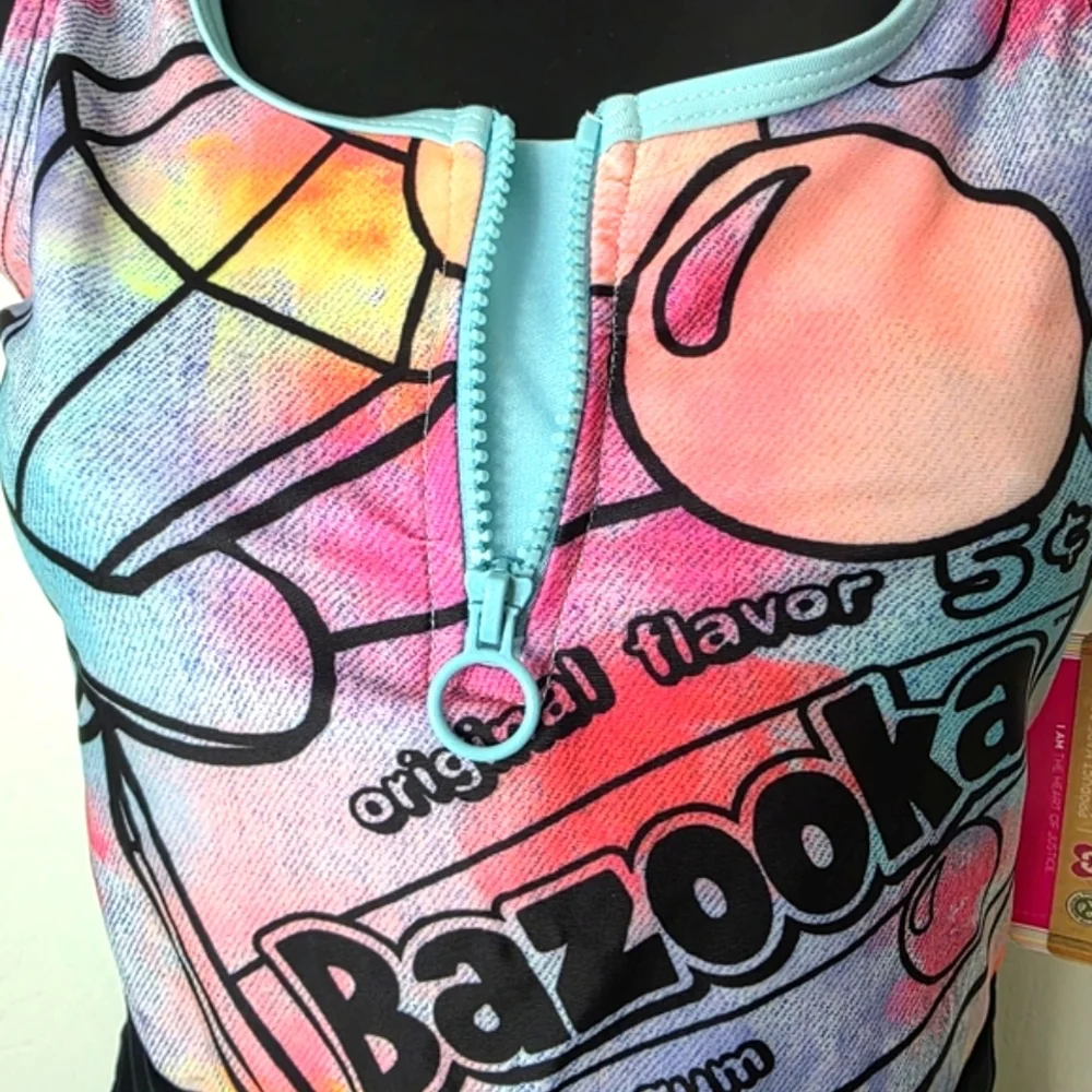 Justice Bazooka Logo Girls One-Piece Zip Front Junior Swimsuit. NEW